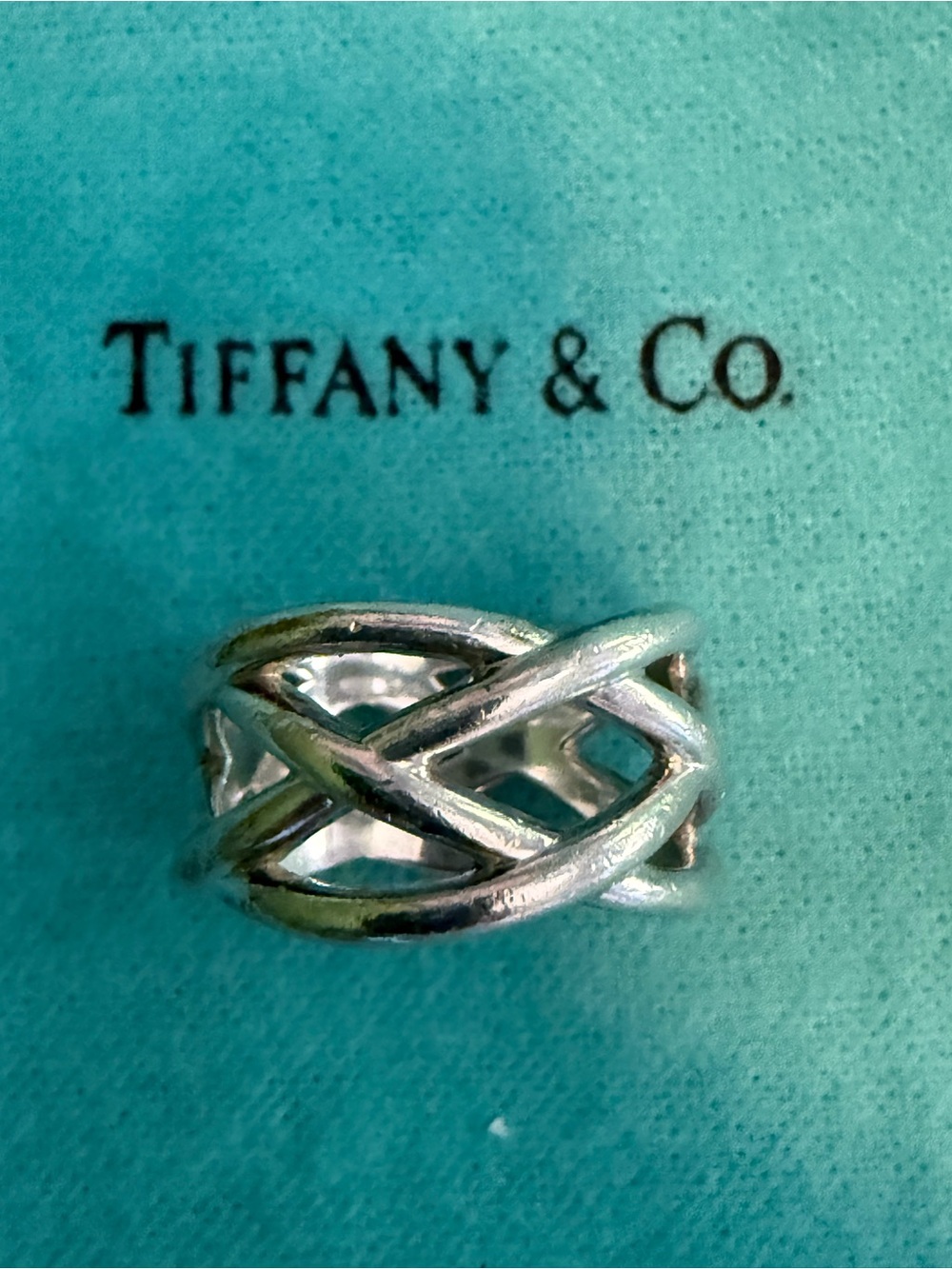 Tiffany & Co. Sterling Silver Open Weave Ring on Tiffany Blue